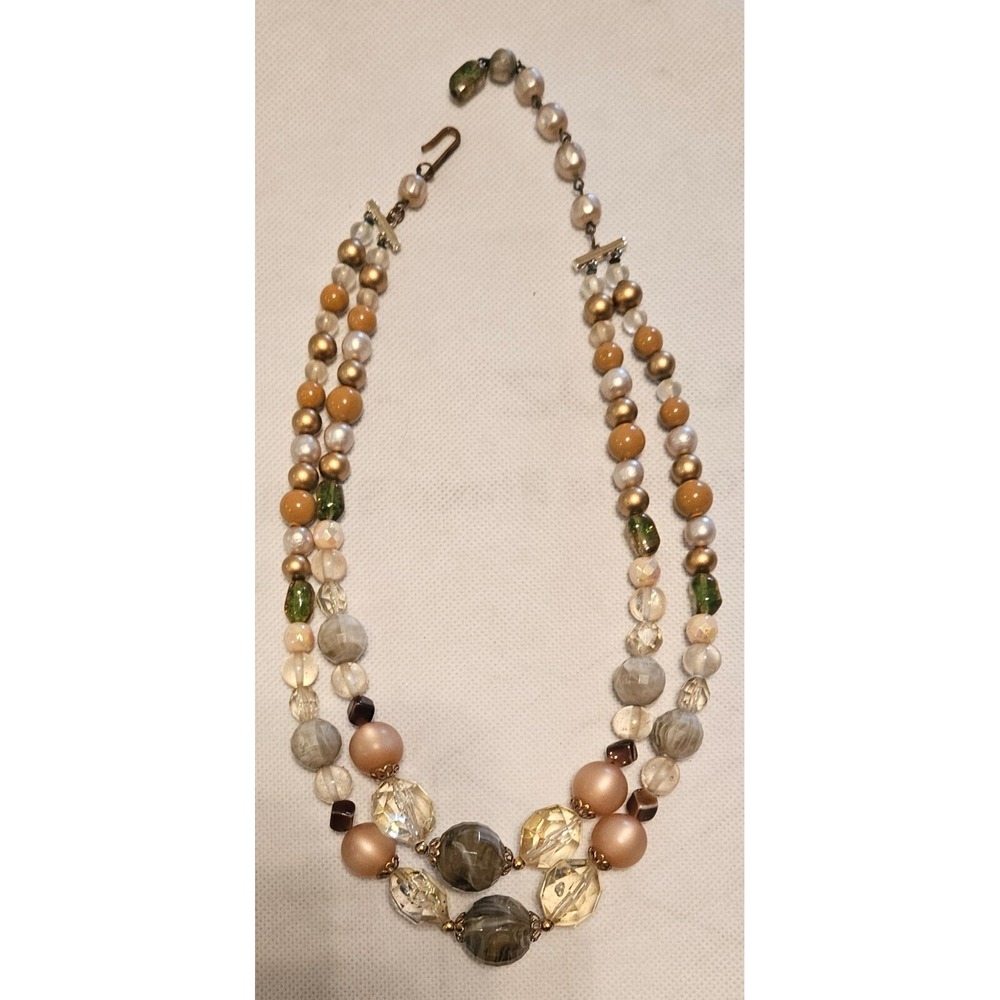 Vtg 50's Green Gold‎ Beaded 2 Strand Necklace  2 Tone 18" MCM